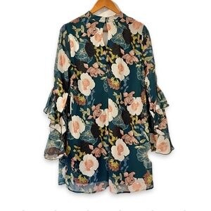 NWT As U Wish Midi Dress Floral Long Sleeve Flutter Teal Choker Neckline Juniors